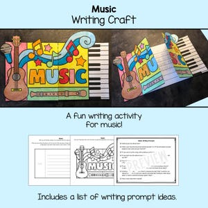 May include: Colorful craft project with the word "MUSIC" in large letters, a guitar, and a piano keyboard. The text "A fun writing activity for music!" is also visible. Includes writing prompt ideas.