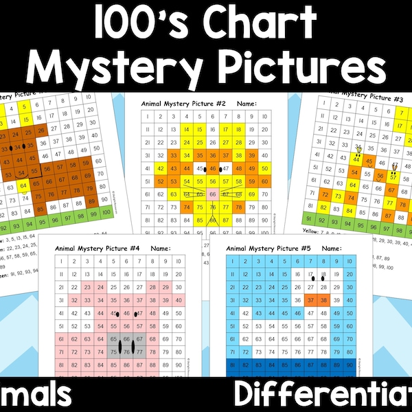 Animals 100's Chart Mystery Pictures Kids Number Practice for School or Home