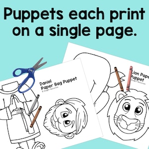 Puede incluir: Dos plantillas de t&iacute;teres de bolsa de papel imprimibles en blanco y negro. Una plantilla es para un le&oacute;n con el texto "Lion Paper Puppet" y la otra es para Daniel con el texto "Daniel Paper Bag Puppet".