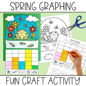 May include: A printable spring-themed craft activity for kids. The colorful image features a frog, flowers, dragonflies, and tadpoles. The activity includes a graph to count the number of each item in the picture.