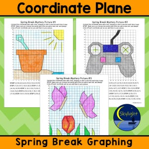 May include: Three printable worksheets for kids to practice graphing coordinates. The worksheets feature a flower pot, a remote control, and butterflies and a tulip. Each worksheet has a grid with numbered axes and a set of coordinates to connect to create the images.