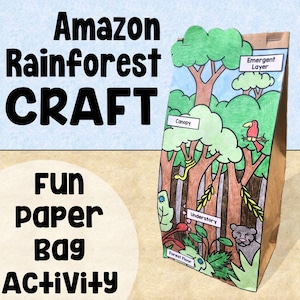 May include: A brown paper bag craft depicting the layers of the Amazon rainforest. The bag is decorated with drawings of trees, a snake, a toucan, a jaguar, and plants. The layers are labeled "Emergent Layer", "Canopy", "Understory", and "Forest Floor".