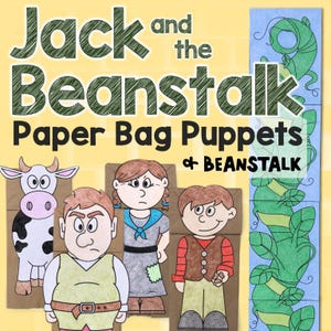 May include: A colorful illustration for a children's craft project. The image features paper bag puppets of characters from "Jack and the Beanstalk," including Jack, a cow, and a giant. The title "Jack and the Beanstalk Paper Bag Puppets" is displayed at the top.