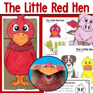 May include: A collection of illustrations and a paper bag puppet based on the children's story, "The Little Red Hen." The main image features a red hen puppet. Other images include a pig, dog, duck, and wheat. The title "The Little Red Hen" is displayed at the top.