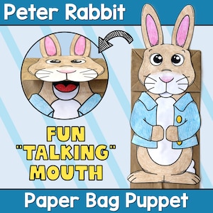 May include: A Peter Rabbit paper bag puppet craft. The puppet is brown with a light blue jacket and a talking mouth feature. The image includes the text "Peter Rabbit", "Fun Talking Mouth", and "Paper Bag Puppet".