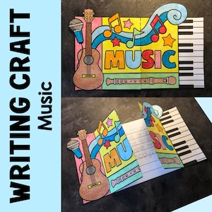 Könnte beinhalten: Ein farbenfrohes Musik-Bastelprojekt. Das Design zeigt eine Gitarre, ein Mikrofon, Noten und das Wort "MUSIC". Das Bastelprojekt lässt sich aufklappen und gibt liniertem Papier zum Schreiben frei.