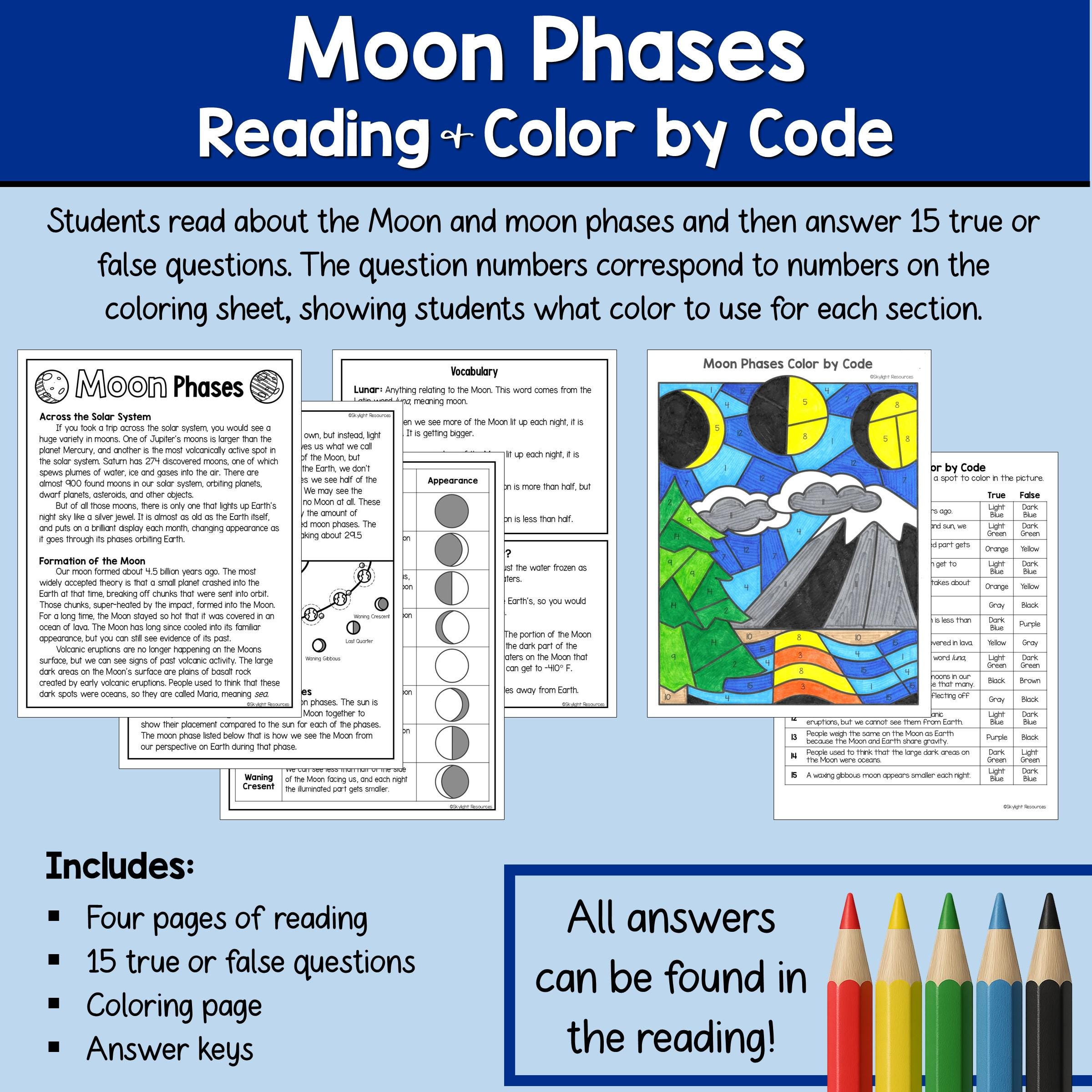 Moon Phases Reading and Color by Number Activity With Space Science ...