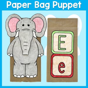 Peut inclure: Un marionnette en sac en papier représentant un éléphant gris et rose. La marionnette est à côté d'un sac en papier brun avec la lettre "E" dans des boîtes vertes et rouges. Les mots "Paper Bag Puppet" sont en haut.