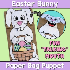 Easter Bunny Paper Bag Puppet Kids Craft Activity for School or Home Kindergarten, 1st, 2nd Grade