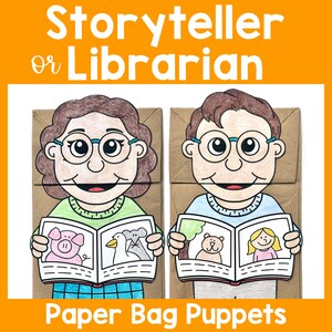 Könnte beinhalten: Zwei Papiertütenpuppen, eine, die eine Frau darstellt, und die andere einen Mann, die jeweils ein Buch halten. Das Buch der Frau zeigt ein Schwein, eine Ente und eine Maus. Das Buch des Mannes zeigt einen Bären und ein Mädchen. Der Text lautet "Storyteller or Librarian" und "Paper Bag Puppets."