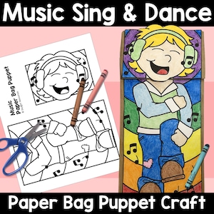 Puede incluir: Un modelo de marioneta de bolsa de papel imprimible con una ilustración colorida de una persona cantando y bailando con notas musicales. El modelo incluye un contorno en blanco y negro para colorear y un título que dice "Music Sing & Dance Paper Bag Puppet Craft".