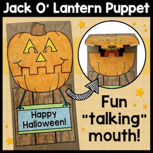 May include: A Jack O' Lantern puppet with a fun "talking" mouth. The orange pumpkin face has triangle eyes and a rectangular mouth. A sign below reads "Happy Halloween!" The puppet is attached to a brown paper bag.
