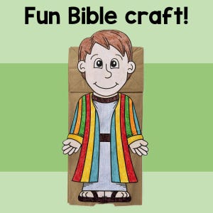 K&ouml;nnte beinhalten: Eine Papier-Taschen-Puppe, die eine Person mit einem bunten, gestreiften Gewand darstellt. Die Puppe ist mit "Fun Bible craft!" beschriftet.