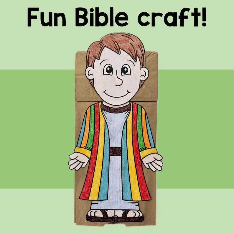 K&ouml;nnte beinhalten: Eine Papier-Taschen-Puppe, die eine Person mit einem bunten, gestreiften Gewand darstellt. Die Puppe ist mit "Fun Bible craft!" beschriftet.
