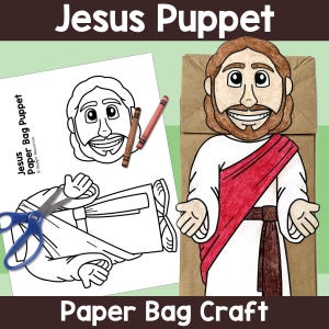 May include: A paper bag craft kit featuring a Jesus puppet. The kit includes a completed puppet, a coloring page, crayons, and scissors. The puppet is brown, white, and red. Text on the image reads "Jesus Puppet" and "Paper Bag Craft".