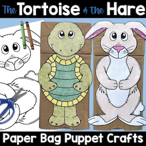 May include: A printable paper bag puppet craft set featuring the Tortoise and the Hare. The set includes a black and white outline of the characters to color and cut out, and a colored version of the characters to glue onto the paper bags. The title "The Tortoise & the Hare" is at the top of the image, and the text "Paper Bag Puppet Crafts" is at the bottom.
