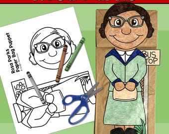 May include: A black and white printable paper bag puppet craft of Rosa Parks, a civil rights activist, standing at a bus stop. The craft includes a coloring page and instructions for making the puppet.