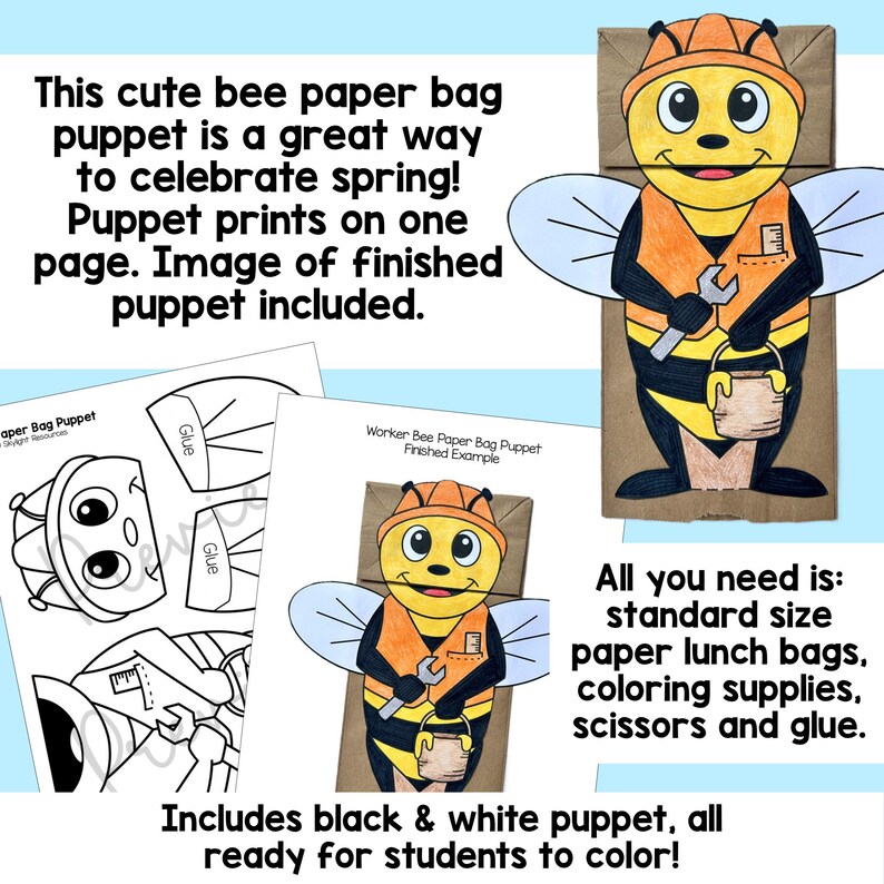 Bee Paper Bag Puppet Activity, Spring Pollinator Craft Template, Fun ...