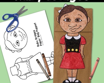 May include: A printable paper bag puppet craft featuring Ruby Bridges, a young African American girl who was one of the first to integrate an all-white elementary school in New Orleans, Louisiana. The craft includes a black and white outline of Ruby Bridges to color and a colored version of the puppet.