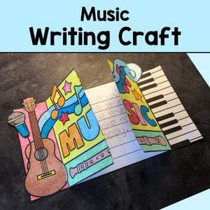 May include: A colorful music-themed craft project with the words "Music Writing Craft" at the top. The craft features a guitar, microphone, musical notes, and a piano keyboard. The word "MUSIC" is prominently displayed.