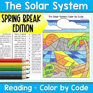 Op de afbeelding: Een kleurrijk educatief werkblad getiteld "Het Zonnestelsel" met een "Spring Break Edition" thema. Het werkblad bevat een kleur-op-code activiteit met tekst en illustraties van planeten, de zon en andere hemellichamen. Gekleurde potloden zijn zichtbaar.