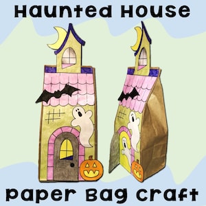 Attività artigianale per bambini con sacchetti di carta a forma di casa stregata di Halloween