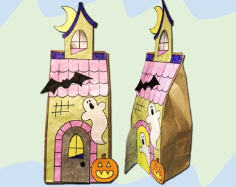 Puede incluir: Un proyecto de manualidades de bolsa de papel para hacer una casa encantada. La bolsa está decorada con un techo rosa, ventanas amarillas, un murciélago negro, un fantasma blanco y una calabaza de Halloween. El texto "Haunted House paper bag craft" está en la parte superior e inferior de la imagen.