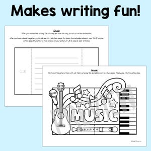 May include: Two-page activity sheet with the text "Makes writing fun!". The first page has instructions and a space for writing. The second page features a black and white illustration of musical instruments and the word "MUSIC".