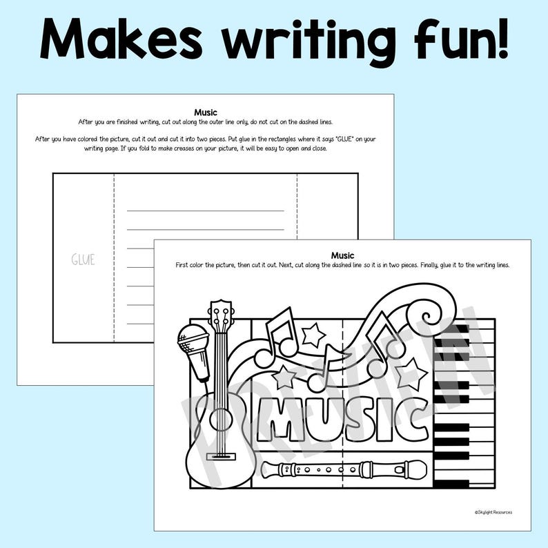 May include: Two-page activity sheet with the text "Makes writing fun!". The first page has instructions and a space for writing. The second page features a black and white illustration of musical instruments and the word "MUSIC".