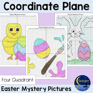 May include: Three printable Easter-themed coordinate plane worksheets. Each worksheet features a different image: a chick, an Easter egg with a paintbrush, and a bunny. The instructions on each worksheet ask students to connect the coordinate pairs with a line to reveal the image.