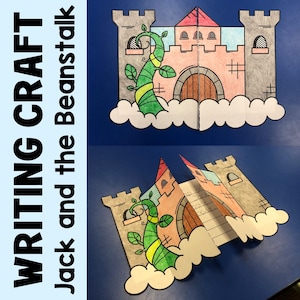 Puede incluir: Una manualidad imprimible para niños con un castillo y una planta de judía. El castillo es rosa y gris con una puerta marrón. La planta de judía es verde con rayas amarillas. El castillo está en una nube blanca. La manualidad está diseñada para ser doblada y utilizada como un estímulo para escribir.