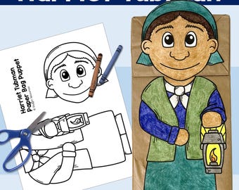 May include: A printable paper bag puppet craft featuring Harriet Tubman. The craft includes a black and white outline of Harriet Tubman holding a lantern, and a colored illustration of Harriet Tubman holding a lantern. The text "Harriet Tubman Paper Bag Puppet" is at the top of the page, and the text "Paper Bag Puppet Craft" is at the bottom of the page.