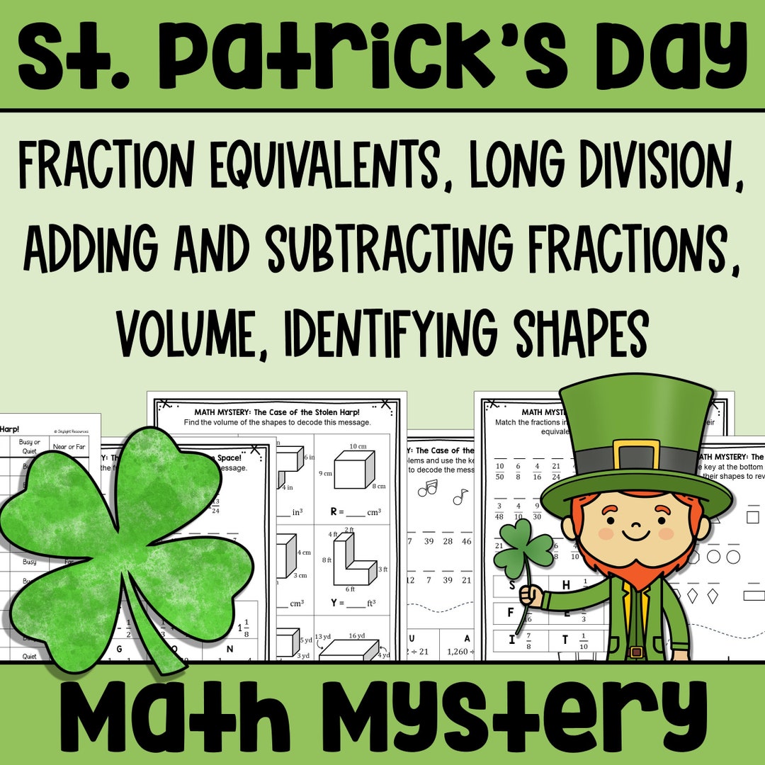 Math Mystery St. Patrick's Day Fractions, Shapes, Division, and Volume