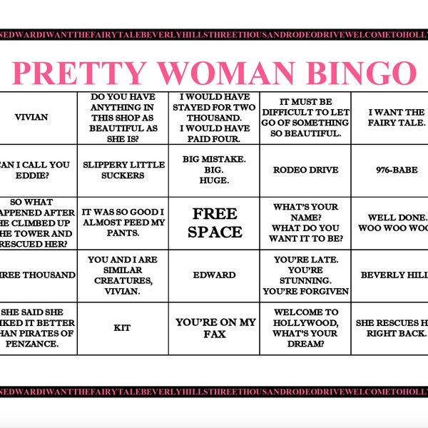 Pretty Woman Personalized Bingo, Valentine's Day, Printable Pretty Woman Custom Bar/Party Bingo Game PDF