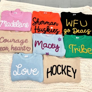 Hand Embroidered Adult Name Sweater Oversized Sweater Embroidered Name Sweater Personalized Name Sweater Shaker Knit Sweater Mama image 4