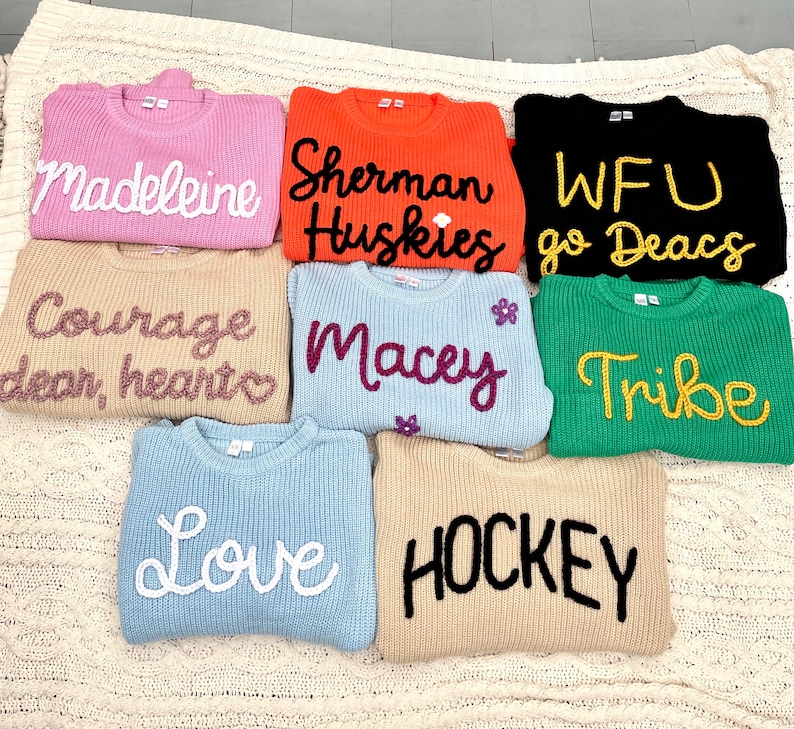 Hand Embroidered Adult Name Sweater Oversized Sweater Embroidered Name Sweater Personalized Name Sweater Shaker Knit Sweater Mama image 4