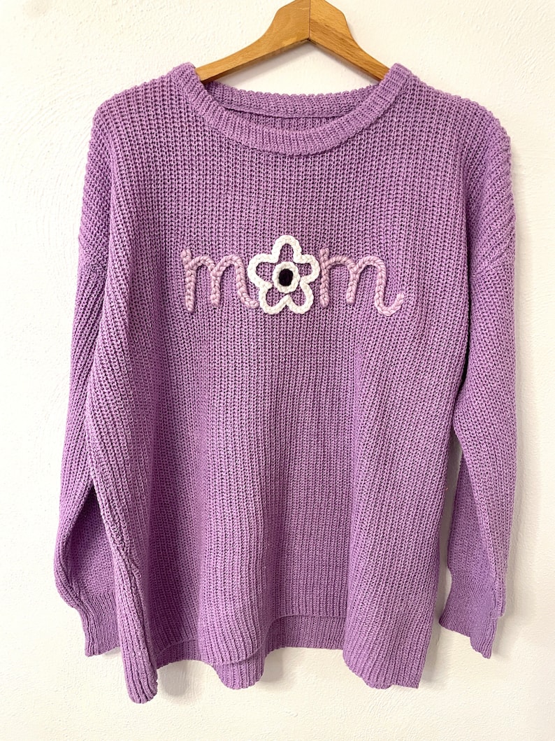 Hand Embroidered Adult Name Sweater Oversized Sweater Embroidered Name Sweater Personalized Name Sweater Shaker Knit Sweater Mama image 2