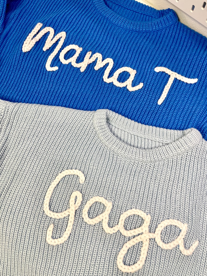 Hand Embroidered Adult Name Sweater Oversized Sweater Embroidered Name Sweater Personalized Name Sweater Shaker Knit Sweater Mama image 3