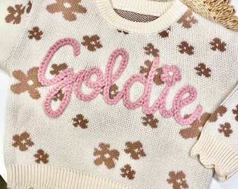 Hand Embroidered Toddler and Baby Name Sweater | Oversized Kids Sweater | Embroidered Name Sweater | Personalized Baby Name Sweater | Flower