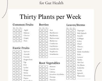 Seguimiento de la salud intestinal: 30 plantas a la semana (imprimible) / Lista de verificación de diversidad del microbioma (PDF) / Descarga instantánea