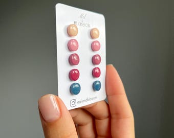 NEW! Mini 5 pairs stud earrings pack, colourful earrings sets, 4 glossy colour palettes, tiny hypoallergenic studs sets, mini stud earrings