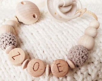 Speenketting met naam, beige, taupe, naturel jongen, meisje, babycadeau, cadeau voor geboorte, doop, babyshower inclusief cadeauzakje