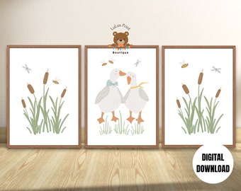 Digital Nursery Wall Art Set, Loving Geese with Cattails,Butterflies,Bees, Set of 3, Classic Favorite Goose, Country Decor, Instant Download