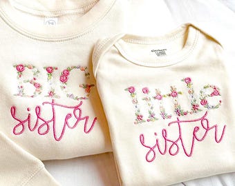 Embroidered Floral Big Sister little sister Sweatshirt or onesie : Pregnancy Announcement Sibling Gift