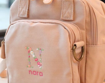 Floral Embroidered Initial Backpack: Custom Coated Canvas Mini Backpack