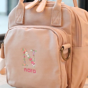 Embroidered Floral monogram backpack initial, Custom name mini coated canvas backpack, gift for toddler, girls and teens, SMALL SIZE