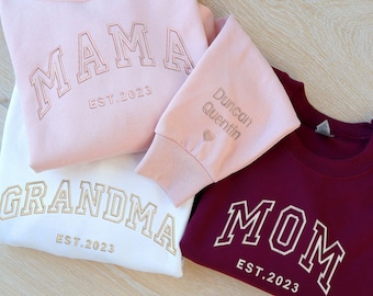 Custom Embroidered Mama sweatshirt, Name on Sleeve with heart, mom shirt with date, varsity , Gift for new mom, grandma shirt, mother's day