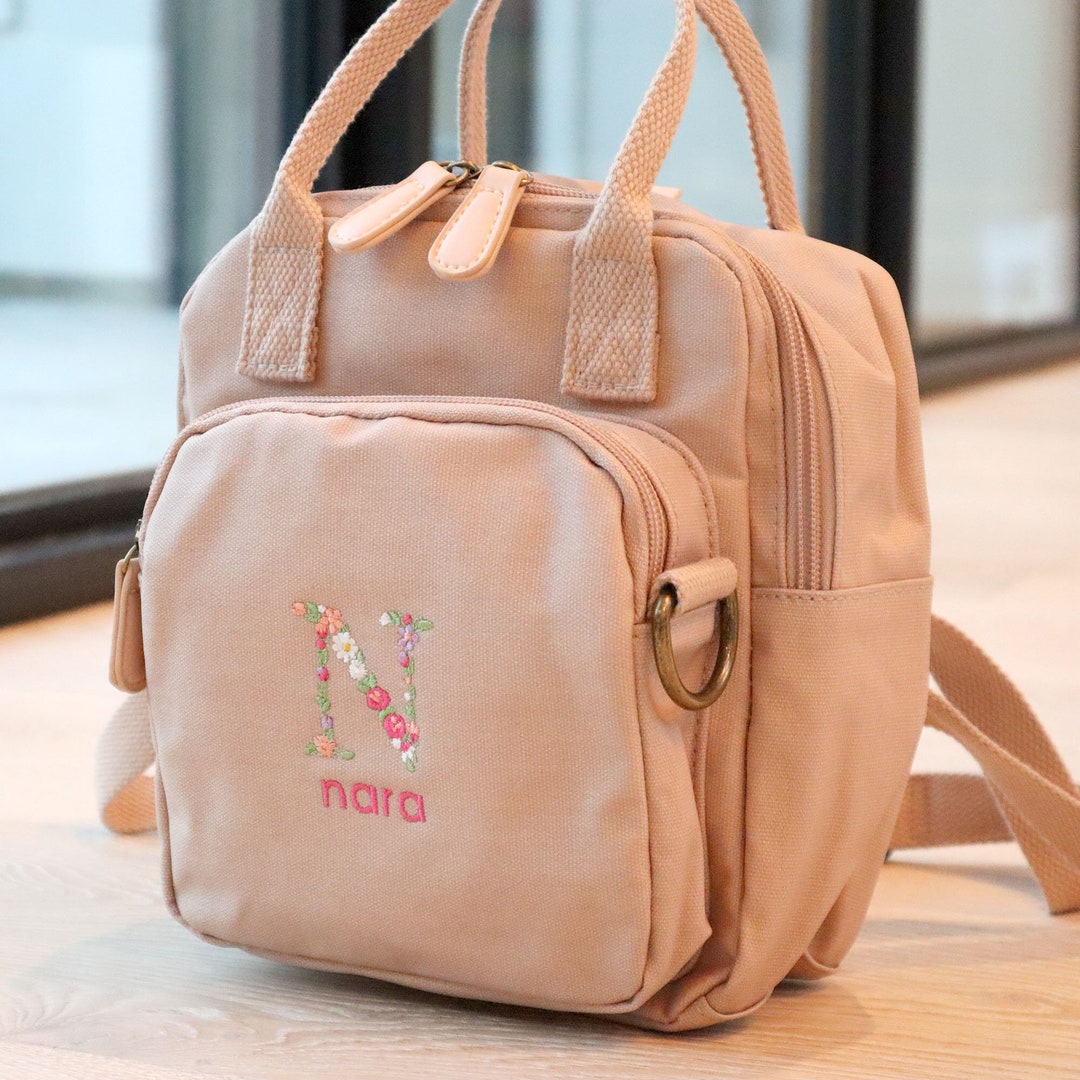 Embroidered Floral Monogram Backpack Initial, Custom Name Mini Coated