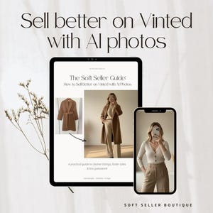 Könnte beinhalten: Werbebild für KI-Fotos für Vinted-Anzeigen. Es zeigt ein Tablet und ein Smartphone mit Modeinhalten. Der Text lautet: „Verkaufen Sie besser auf Vinted mit KI-Fotos“.