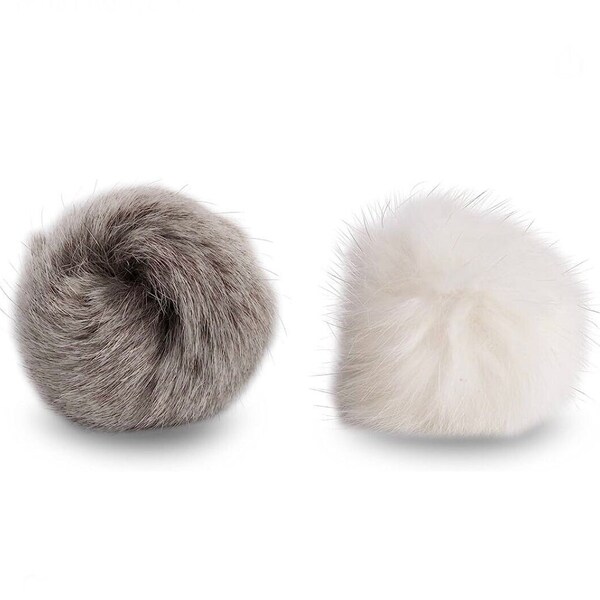 2 x Katzenspielzeug - Pompom Flausch Ball aus Hasenfell, Echtfell Weiß/Grau